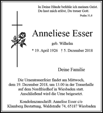 Traueranzeige von Anneliese Esser von vrm-trauer