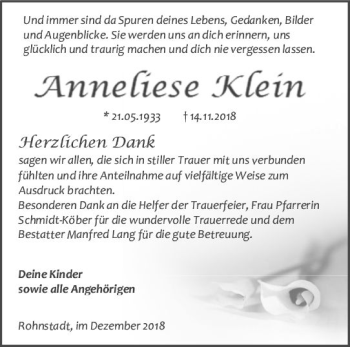 Traueranzeige von Anneliese Klein von  WT - Weilburger Tageblatt ()
