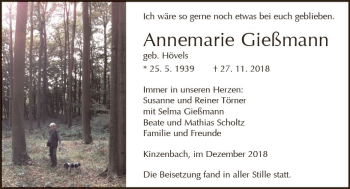 Traueranzeige von Annemarie Gießmann von  Gießener Anzeiger