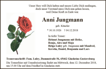 Traueranzeige von Anni Jungmann von vrm-trauer