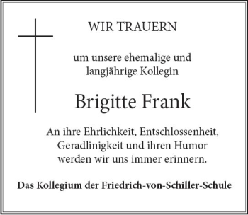 Traueranzeige von Brigitte Frank von vrm-trauer