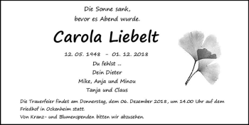 Traueranzeige von Carola Liebelt von vrm-trauer