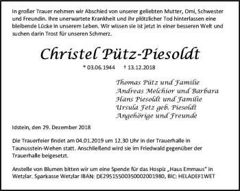 Traueranzeige von Christel Pütz-Piesoldt von vrm-trauer