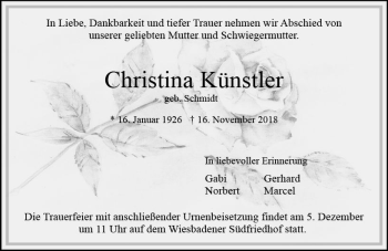 Traueranzeige von Christina Künstler von vrm-trauer