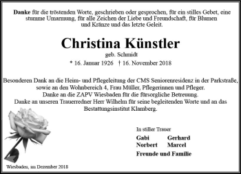 Traueranzeige von Christina Künstler von vrm-trauer