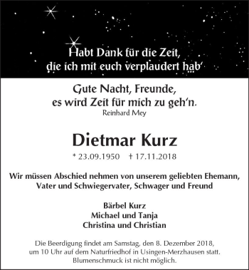 Traueranzeige von Dietmar Kurz von  Usinger Anzeiger