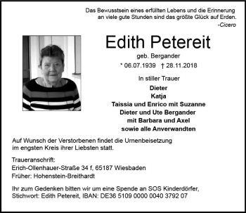 Traueranzeige von Edith Petereit von vrm-trauer