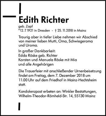 Traueranzeige von Edith Richter von vrm-trauer