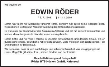 Traueranzeige von Edwin Röder von  Kreisanzeiger