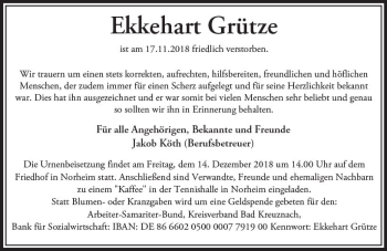 Traueranzeige von Ekkehart Grütze von vrm-trauer