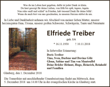 Traueranzeige von Elfriede Treiber von  Kreisanzeiger