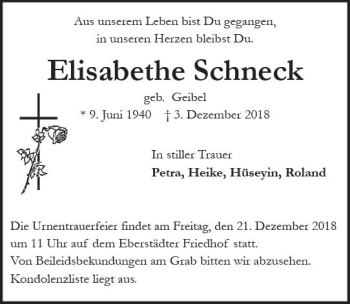 Traueranzeige von Elisabethe Schneck von vrm-trauer