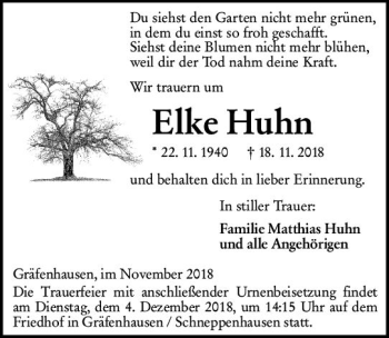 Traueranzeige von Elke Huhn von vrm-trauer