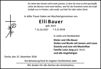 Traueranzeige von Elli Bauer von  WNZ - Wetzlarer Neue Zeitung ()