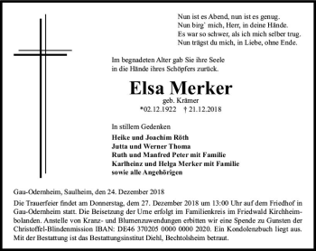 Traueranzeige von Elsa Merker von vrm-trauer
