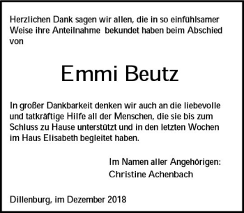 Traueranzeige von Emmi Beutz von  Dill Block ()