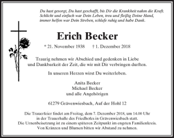 Traueranzeige von Erich Becker von  Usinger Anzeiger