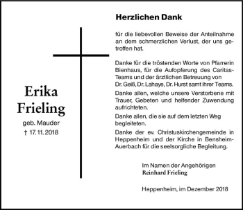 Traueranzeige von Erika Frieling von vrm-trauer