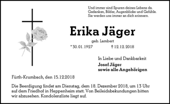 Traueranzeige von Erika Jäger von vrm-trauer