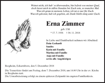 Traueranzeige von Erna Zimmer von  Kreisanzeiger