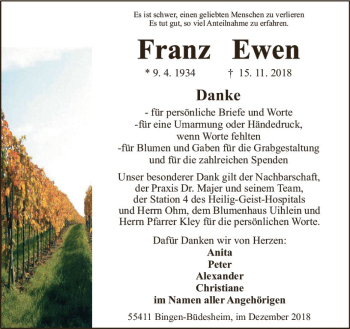 Traueranzeige von Franz Ewen von vrm-trauer