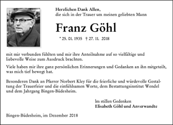 Traueranzeige von Franz Göhl von vrm-trauer