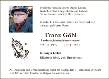 Traueranzeige von Franz Göhl von vrm-trauer