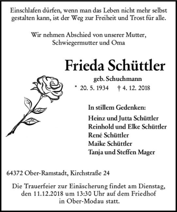 Traueranzeige von Frieda Schüttler von vrm-trauer