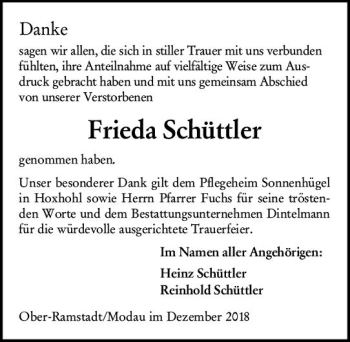 Traueranzeige von Frieda Schüttler von vrm-trauer