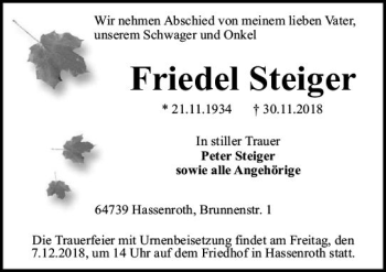 Traueranzeige von Friedel Steiger von vrm-trauer