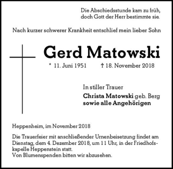 Traueranzeige von Gerd Matowski von vrm-trauer