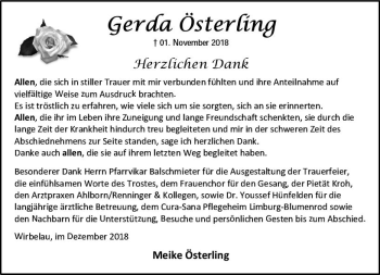 Traueranzeige von Gerda Österling von  WT - Weilburger Tageblatt ()