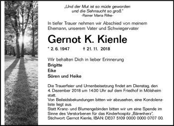 Traueranzeige von Gernot  Kienle von vrm-trauer