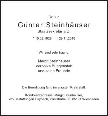 Traueranzeige von Günter Steinhäuser von vrm-trauer