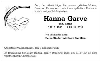 Traueranzeige von Hanna Garve von  Kreisanzeiger
