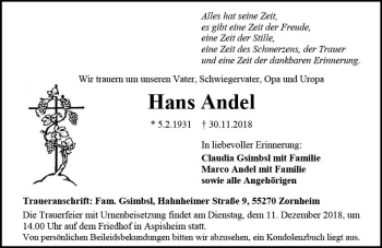 Traueranzeige von Hans Andel von vrm-trauer