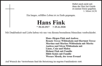 Traueranzeige von Hans Fink von vrm-trauer