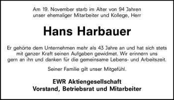 Traueranzeige von Hans Harbauer von vrm-trauer