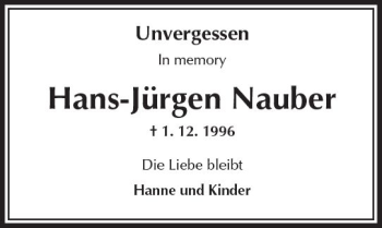 Traueranzeige von Hans-Jürgen Nauber von  Kreisanzeiger