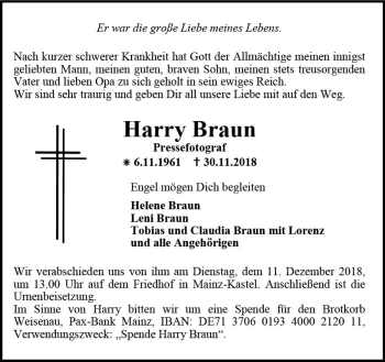Traueranzeige von Harry Braun von vrm-trauer