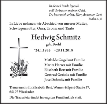 Traueranzeige von Hedwig Schmitz von vrm-trauer