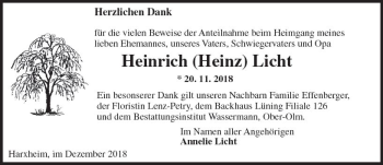 Traueranzeige von Heinrich Licht von vrm-trauer