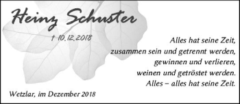 Traueranzeige von Heiny Schuster von  WNZ - Wetzlarer Neue Zeitung ()