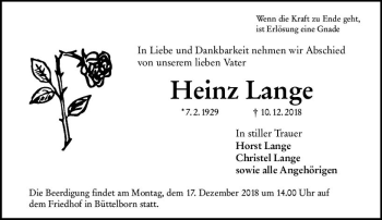 Traueranzeige von Heinz Lange von vrm-trauer