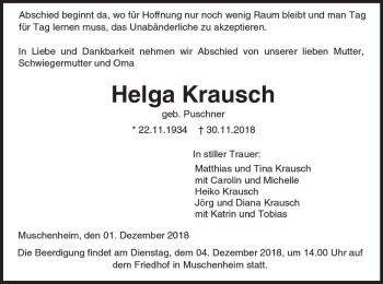 Traueranzeige von Helga Krausch von  Gießener Anzeiger