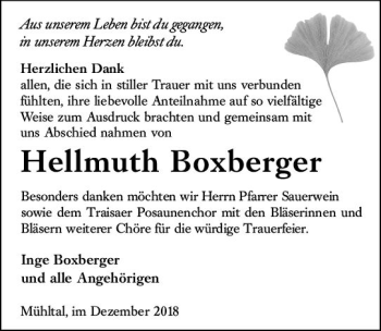 Traueranzeige von Hellmuth Boxberger von vrm-trauer