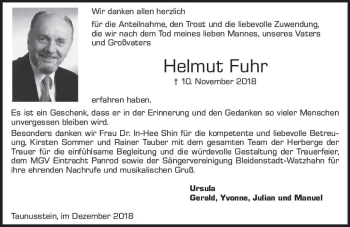 Traueranzeige von Helmut Fuhr von vrm-trauer