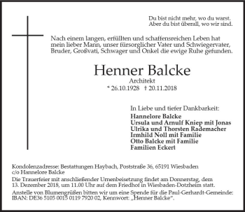 Traueranzeige von Henner Balcke von vrm-trauer