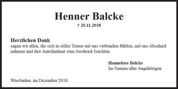 Traueranzeige von Henner Balcke von vrm-trauer