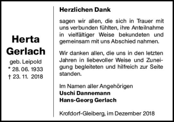 Traueranzeige von Herta Gerlach von  Gießener Anzeiger